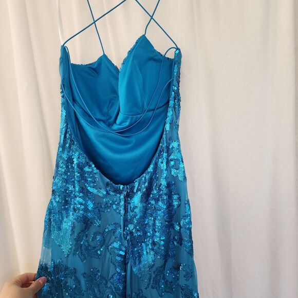 B. Darling Prom All Over Sequined Gown Blue flora Maxi Dress Turquoise Slit New - Picture 4 of 12